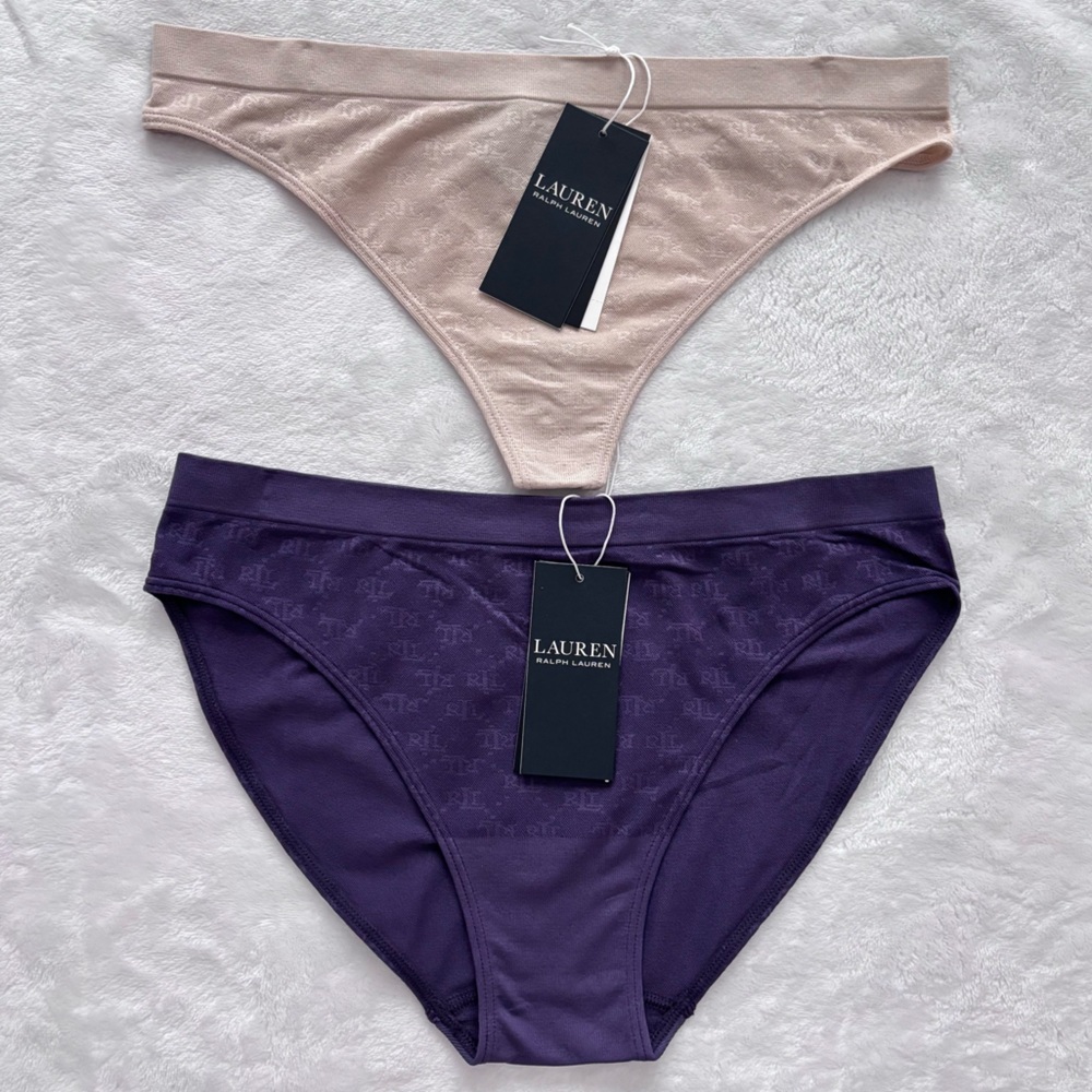 LAUREN RALPH LAUREN  2-Pack Monogram Mesh Jacquard Bikini & Thong Briefs--NWT--M